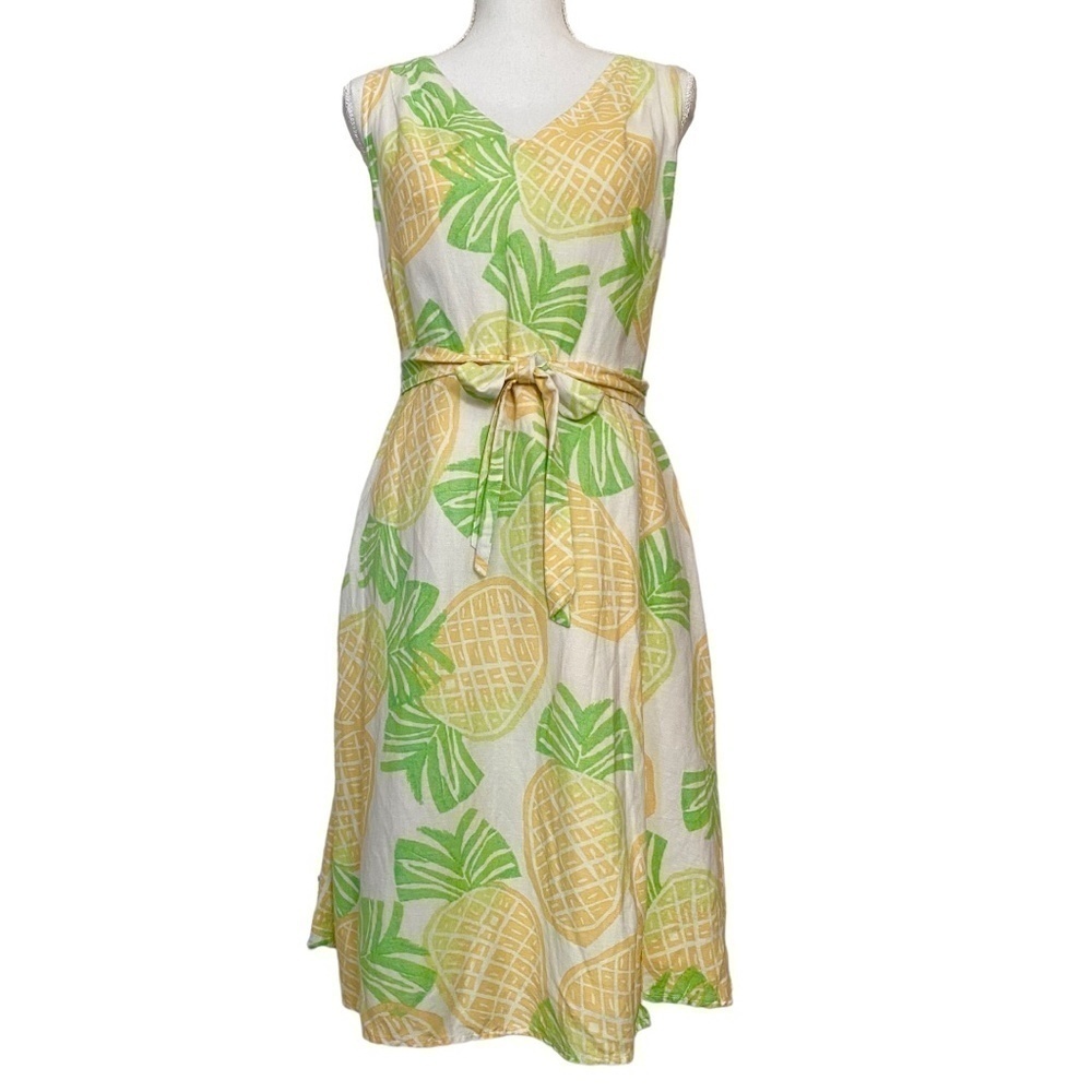 SIGRID OLSEN Linen Dress Pineapple Print. V-Neck